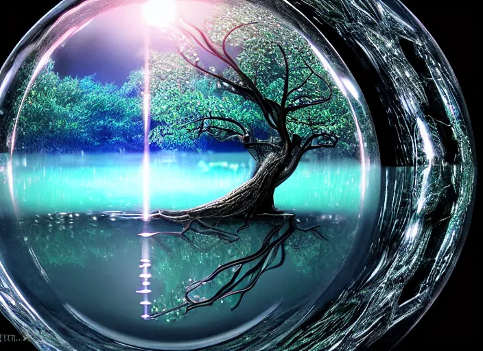 Image similar to glowing transparent crystal ball on a beautiful lake, radiant light, tree of life inside the ball, intricate details, reflections on the water, ripples, moody sky, hyperdetailed illustration by mark brooks, by yuumei, unreal engine 5, low light, rule of thirds