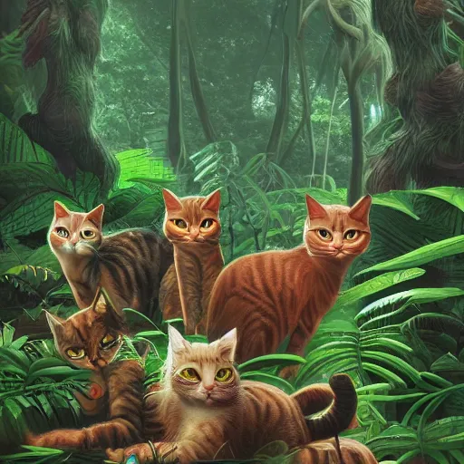 Prompt: a group of cats traveling in a very dense rainforest,artstation,very detailed