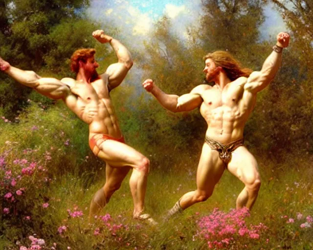 Prompt: muscular hercules and muscular achilles frolic in a meadow of beautiful flowers, a pegasus soars above them, painting by gaston bussiere, craig mullins, j. c. leyendecker,