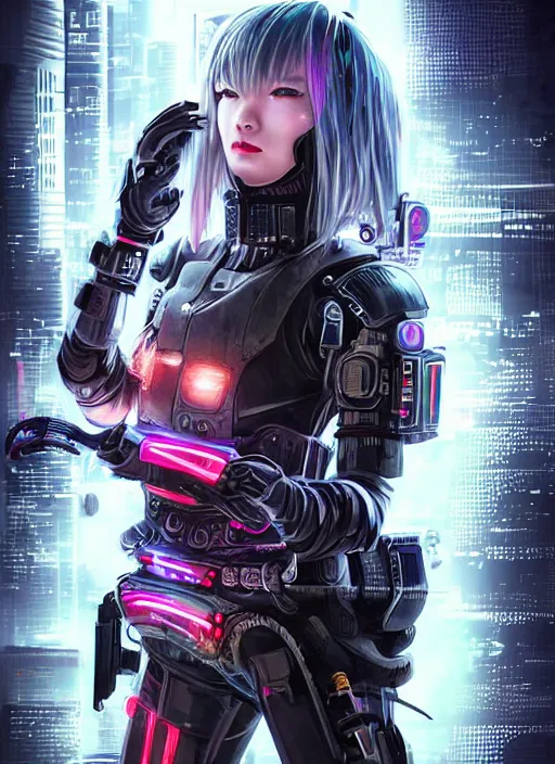 Image similar to stunning futuristic superb cyberpunk young female Samurai wearing samurai armor hybrid with military tactical vest, armor has neon circuitry, long white hair, windswept hair, sci-fi in futuristic stormy heavy rain thunder flashing tokyo rooftop cyberpunk night, sci-fi,fantasy, intricate, very very beautiful, elegant, neon light, highly detailed, Cinematic, digital painting, artstation, hyper realism, concept art, soft light, hdri, smooth, sharp focus, illustration, unreal engine 4, art by tian zi and craig mullins and WLOP and alphonse mucha