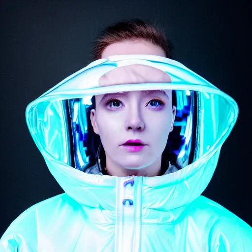 Image similar to an ultra high definition professional studio quality photograph of an artificially intelligent cyberpunk art influencer wearing a transparent iridescent pastel coloured face visor and matching bubbly puffy raincoat on white coat hook in a sheer icelandic black rock environment. dramatic lighting. volumetric shadows. light rays