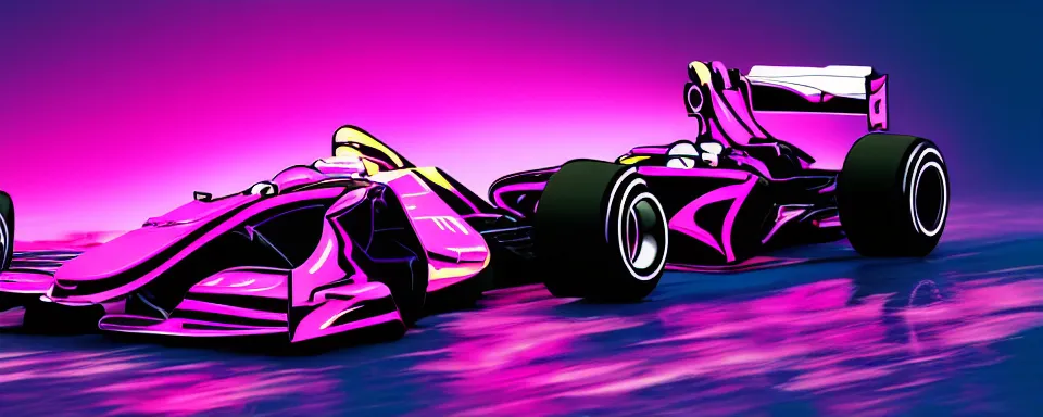 Image similar to abstract illustration of a formula one car, synthwave, purple and pink, motion blur, light streaks, octane render