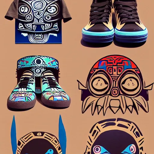 Image similar to sneaker design designed by studio ghibli, aztec mayan street fashion native punk sneaker design, majora's mask, wearing wooden mask, hip hop sneaker design with subtle mayan patterns, gapmoe yandere grimdark, trending on pixiv fanbox, painted by greg rutkowski makoto shinkai takashi takeuchi studio ghibli, akihiko yoshida