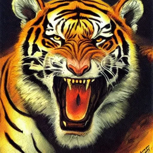 Image similar to roaring tiger, earl norem style,