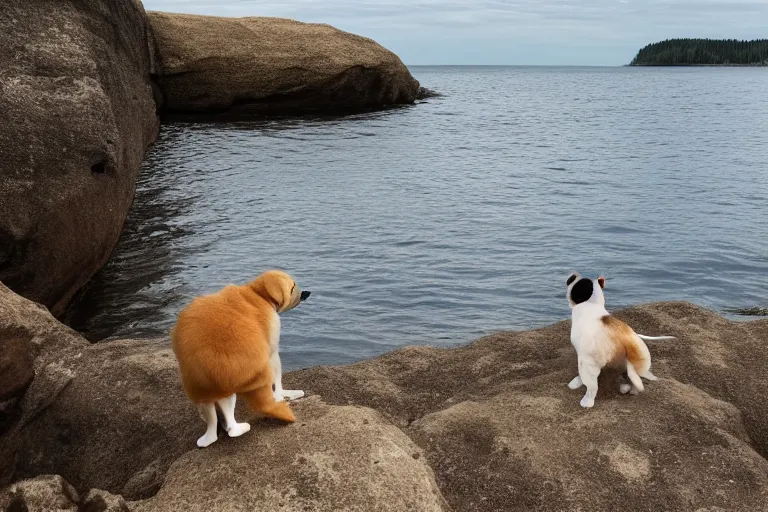 Prompt: a puppy is looking directly at the water below them while they stand at an edge