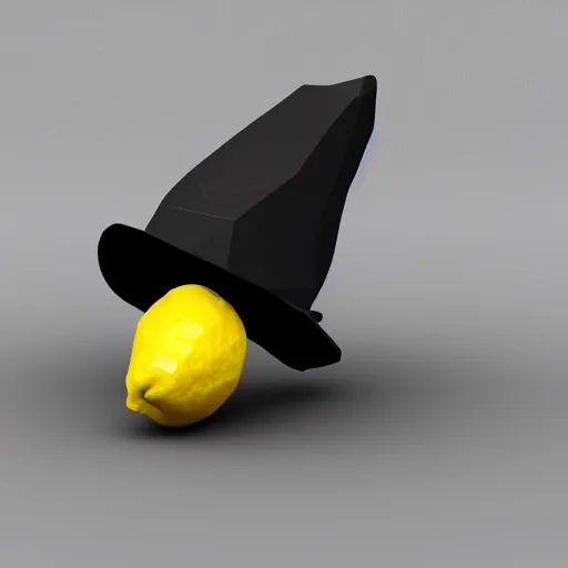 Image similar to low-poly logo of a lemon wearing a low-poly black fedora, 4k