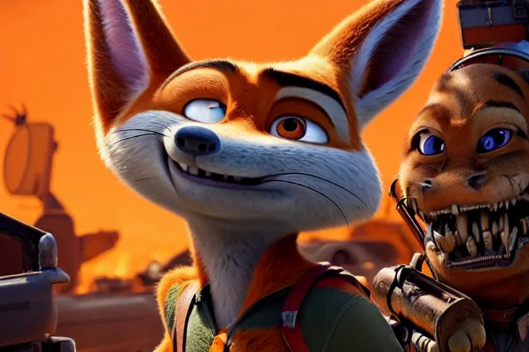 Image similar to nick wilde ( from zootopia ), heavily armed and armored facing down armageddon in a dark and gritty reboot from the makers of mad max : fury road