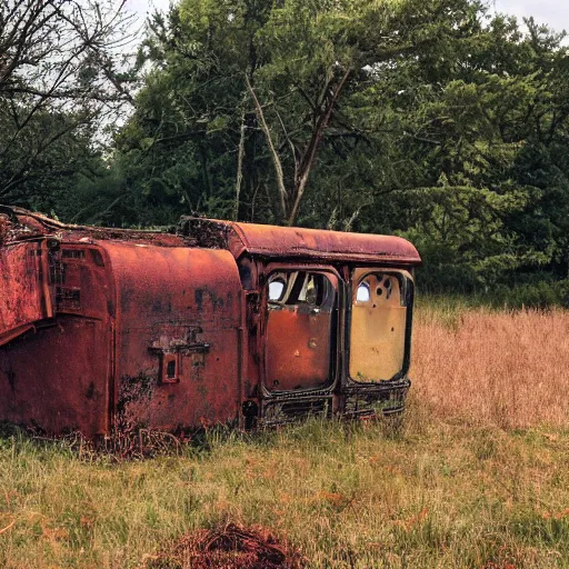 Prompt: in a dried out field, rusted washing machine with huge flames and big smoke