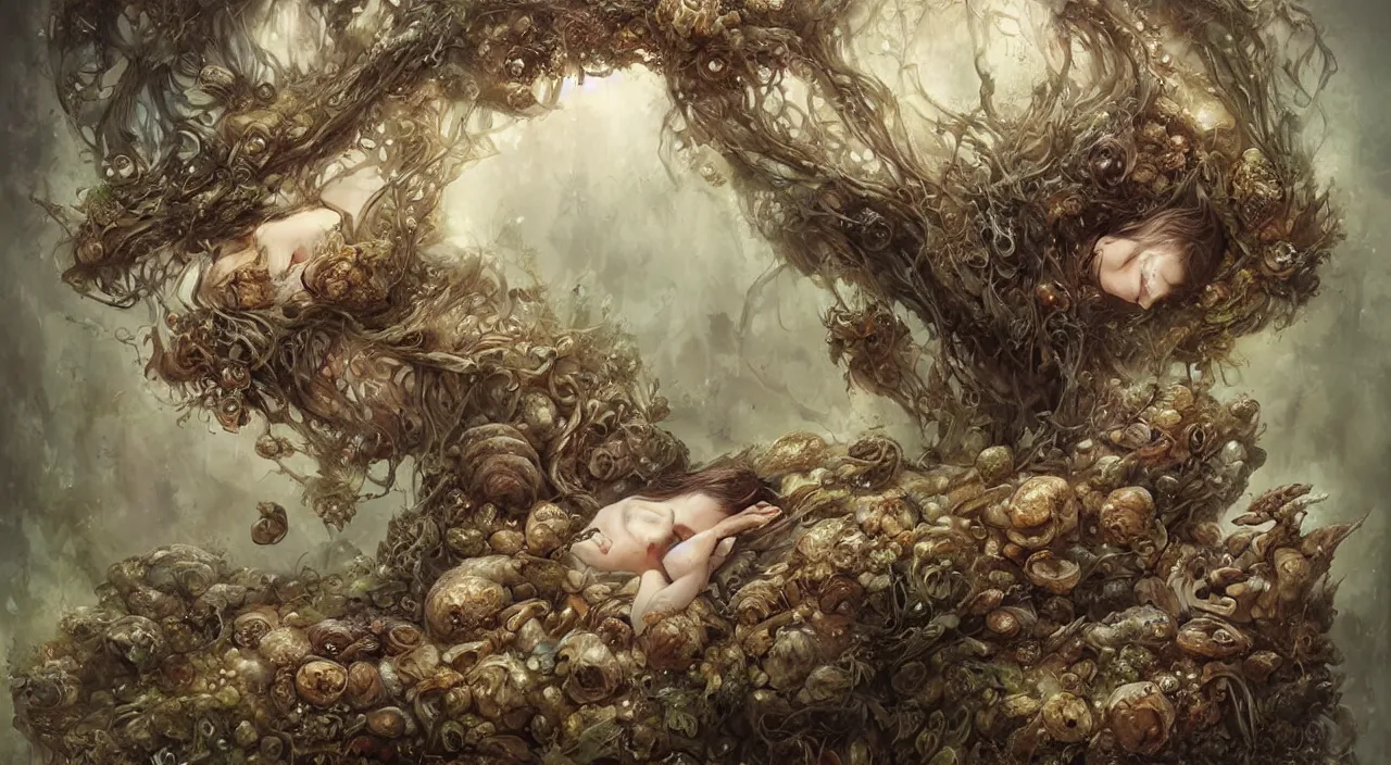 Image similar to pretty sleeping woman with mushrooms as camouflage, by ellen jewett, tomasz alen kopera and justin gerard : 3