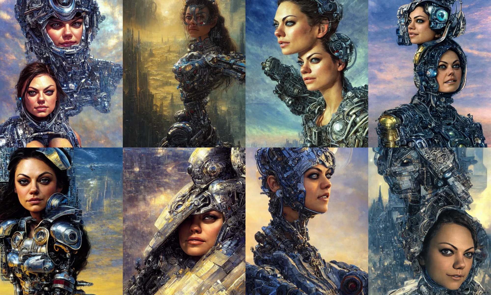 Image similar to close - up portrait of epic mila kunis smiling into camera, intricate cyborg armor, vista of futuristic city, windy, golden hour, wlop, by gerald brom, by mikhail vrubel, by peter elson, muted colors, extreme detail, trending on artstation