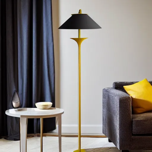 Image similar to floor standing lamp in the shape of a sun with yellow accents designed by tiffany, advertising photography, luxury home design