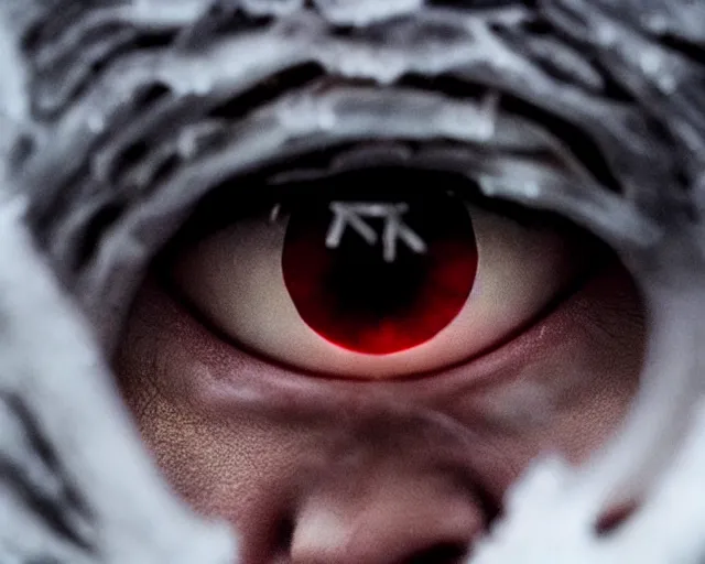 Image similar to extreme close - up eyes crying tears made of ice justin sun as night king in game of thrones, stunning tears made of ice, crimson - black bee army behind, 4 k, epic, cinematic, focus, movie still, fantasy, extreme detail, atmospheric, dark colour, sharp focus