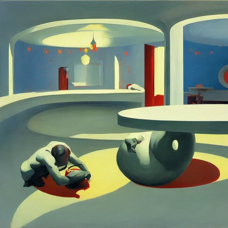 Image similar to round metaballs belting together and dripping on the floor, painted by Edward Hopper, painted by James Gilleard, surrealism, airbrush