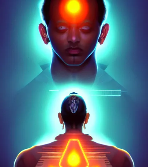 Image similar to symmetry!! indian prince of technology, solid cube of light, hard edges, product render retro - futuristic poster scifi, lasers and neon circuits, brown skin handsome indian prince, intricate, elegant, highly detailed, digital painting, artstation, concept art, smooth, sharp focus, illustration, dreamlike, art by artgerm