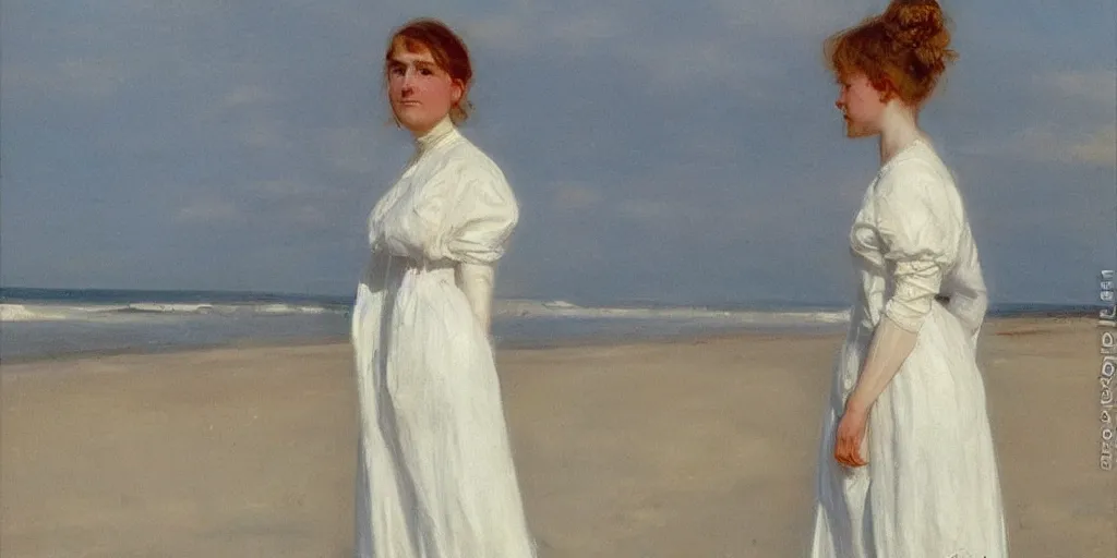 Prompt: A young Edwardian woman wearing a white dress standing on a sandy beach in Sweden, in the style of Anders Zorn