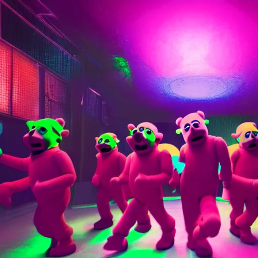 Prompt: hyperrealistic film still of teletubby rave, stunning 3 d render, neon cyberpunk cinematic lighting, 8 k octane comprehensive render, extremely hyper - detailed, incredibly realistic, intricate, masterpiece