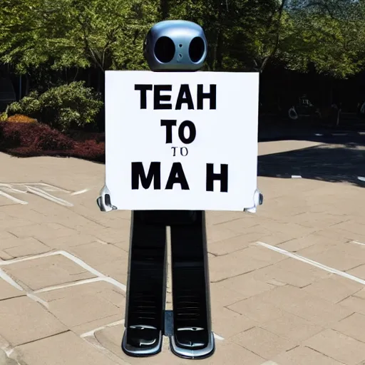 Image similar to a robot holding a sign saying teach me to spell