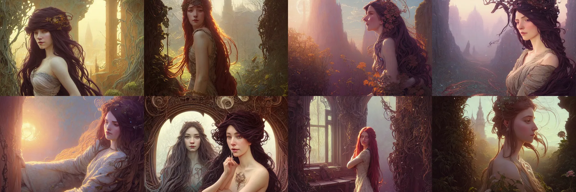 Image similar to highly detailed portrait of a woman with long hairs, stephen bliss, unreal engine, fantasy art by greg rutkowski, art nouveau, loish, rhads, ferdinand knab, makoto shinkai and lois van baarle, ilya kuvshinov, rossdraws, tom bagshaw, alphonse mucha, global illumination, radiant light, detailed and intricate environment