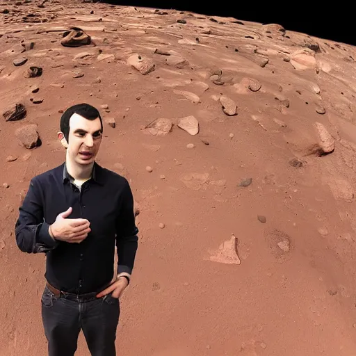 Image similar to nathan fielder on mars with forehead vein bursting out