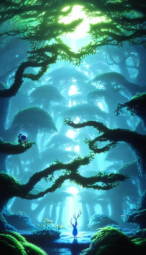 Prompt: a forest of ori in the blind forest, studio ghibli, painted by tim white, michael whelan, j. c. 8 k