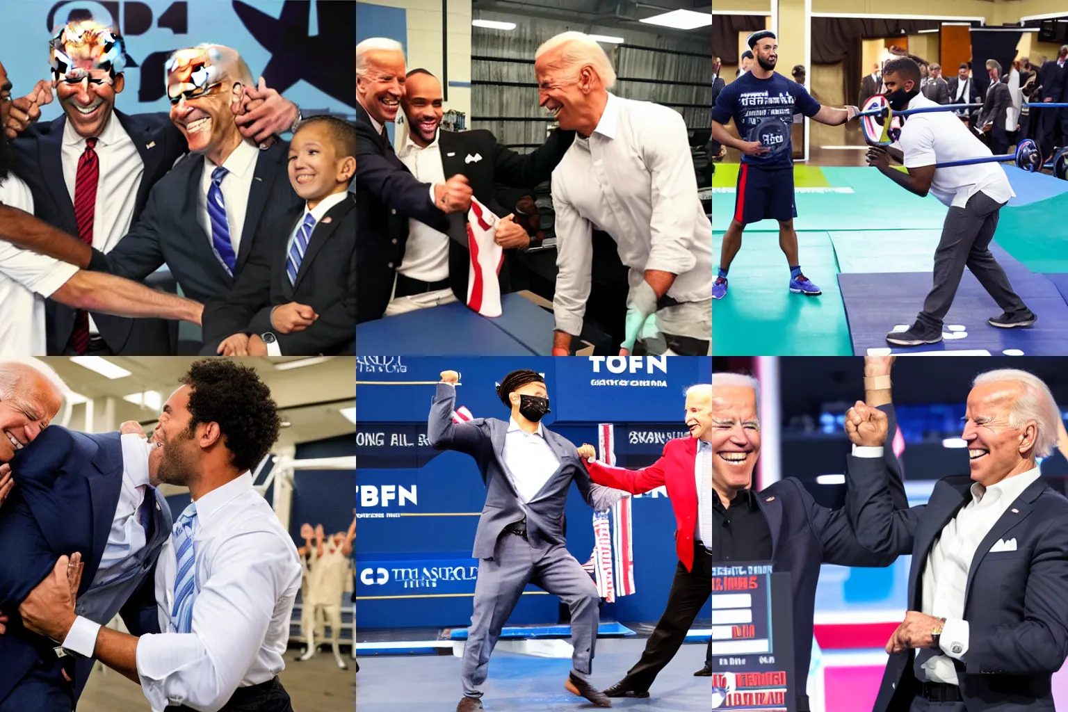 Prompt: hodge twins lifting joe biden