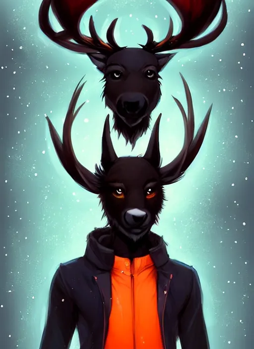 Image similar to award winning beautiful portrait commission of a male furry anthro Black Reindeer fursona with a tail, wings and a cute beautiful attractive detailed furry face wearing stylish black and orange galaxy clothes in a outerspace city at night while it rains. Character design by charlie bowater, ross tran, artgerm, and makoto shinkai, detailed, inked, western comic book art