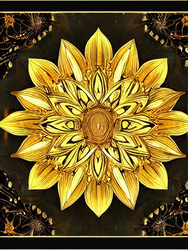 Prompt: golden lotus flowers on dark background, ornamental, symmetry, color harmony, golden ratio, william morris, hokusai, trending on artstation, character design, detailed, intricate, hypermaximalist, elegant, ornate, luxury, elite, atmospheric, matte painting, wide shot, two heads