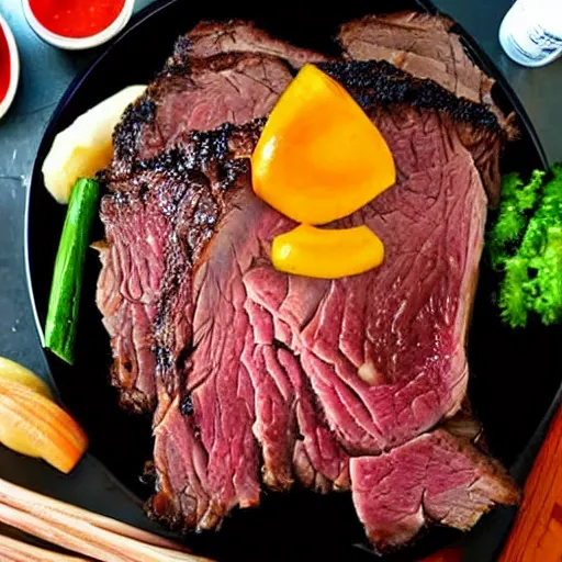 Image similar to chuck roast norris, food photo of chuck norris face on chuck roast