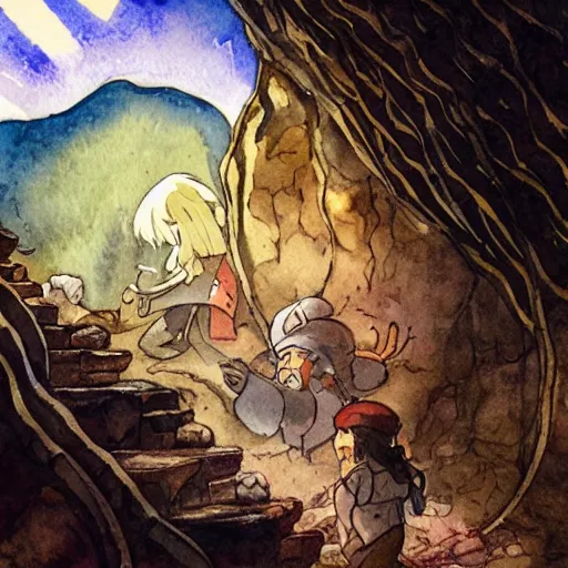 Image similar to dwarf mining for gold in a sparkling dark cave, from ghibli studio, watercolor illustration for book