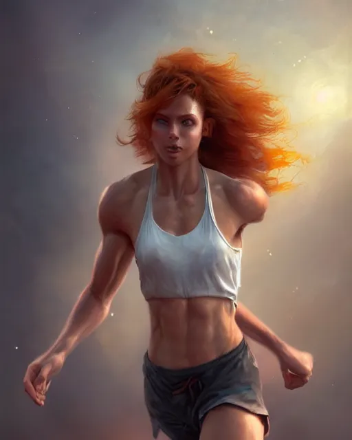 Prompt: cute female runner, perfect face, white halter top, flowing ginger hair, abs, cinematic, stunning, athletic, strong, agile, highly detailed, psychedelic, digital painting, artstation, smooth, hard focus, illustration, art by jessica rossier and and brian froud