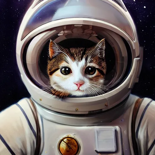 Image similar to head and shoulders masterpiece portrait of a cute adorable cat wearing a spacesuit, surreal background, digital art by krenz cushart,, moebius, greg rutkowski, zabrocki, karlkka, jayison devadas, phuoc quan, trending on artstation, 8 k, cgsociety,