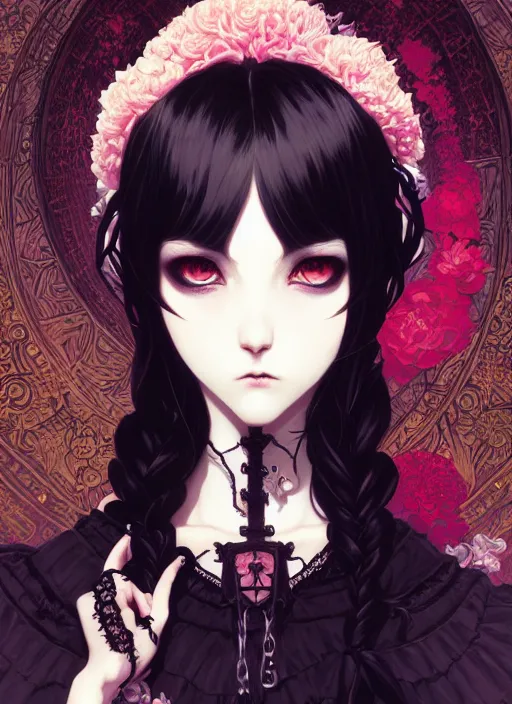 Image similar to portrait of beautiful gothic girl, cute face, intricate, highly detailed, digital painting, official media, anime key visual, concept art, rich vivid colors, ambient lighting, sharp focus, illustration, art by wlop and ilya kuvshinov and makoto shinkai and range murata and gustav klimt