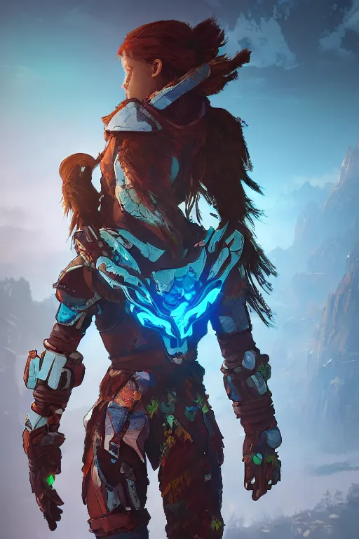 Image similar to combination suit armor aloy horizon forbidden west horizon zero dawn radiating a glowing aura global illumination ray tracing hdr fanart arstation by ian pesty and alena aenami artworks in 4 k tribal robot ninja mask helmet backpack