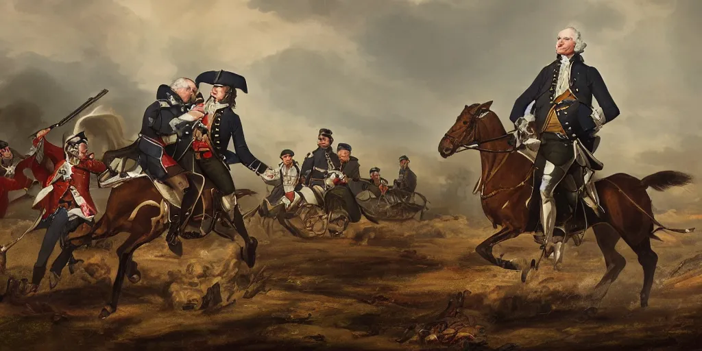 Image similar to George Washington rides a motorcycle to attack the British army in the revolutionary war, epic, cinematic, concept Art, detailed, 4K