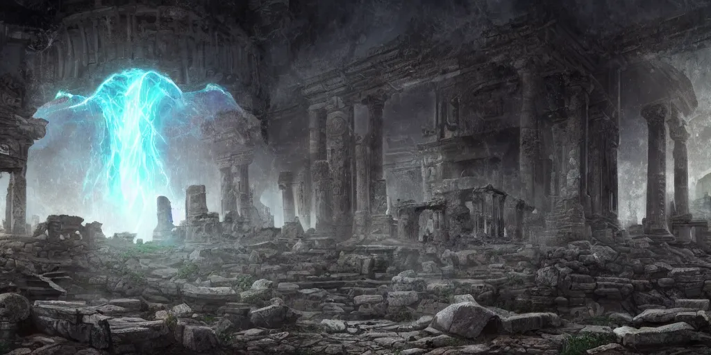 Prompt: a highly detailed matte painting of a cosmic vortex portal to another world in the ruins of an ancient temple, ominous, foreboding, dark, trending on artstation,
