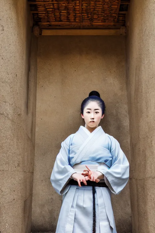 Image similar to highly detailed beautiful photo of a young female samurai, practising sword stances in a ancient temple, symmetrical face, beautiful eyes, realistic anime art style, 8 k, award winning photo, pastels, action photography, 1 / 1 2 5 shutter speed, dramatic lighting