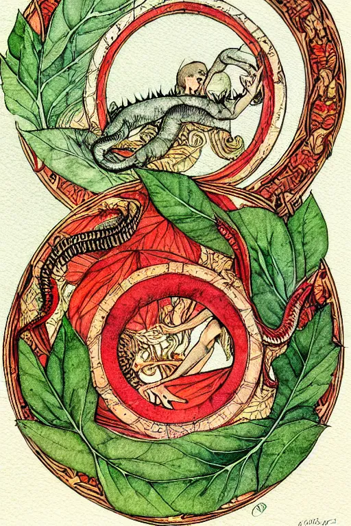 Image similar to red ouroboros in the center of a circular frame of leaves, art by walter crane and arthur rackham, illustration style, watercolor