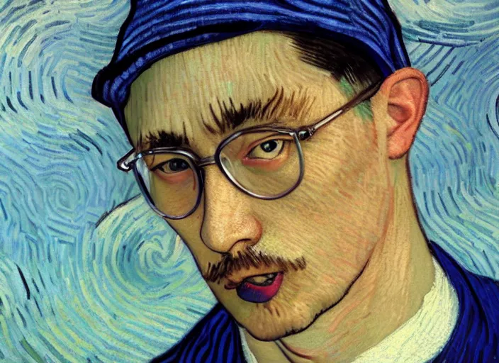 Image similar to Filthy Frank wearing blue dirty spaghetti stained dress shirt, rule of thirds, accurately portrayed, portrait art by Vincent van Gogh, highly detailed, digital painting, concept art, illustration, ethereal lighting with twilight rays of sunlight, trending on artstation, very detailed, smooth, sharp focus, octane render, close up