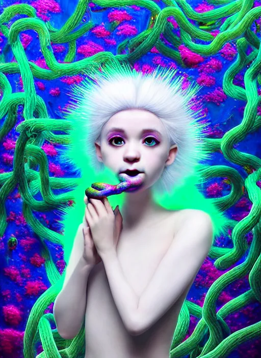 Image similar to hyper detailed 3d render like a Oil painting - kawaii portrait Aurora (white haired Singer Ferret) seen Eating of the Strangling network of yellowcake aerochrome and milky Fruit and Her delicate Hands hold of gossamer polyp blossoms bring iridescent fungal flowers whose spores black the foolish stars by Jacek Yerka, Mariusz Lewandowski, Houdini algorithmic generative render, Abstract brush strokes, Masterpiece, Edward Hopper and James Gilleard, Zdzislaw Beksinski, Mark Ryden, Wolfgang Lettl, hints of Yayoi Kasuma, octane render, 8k