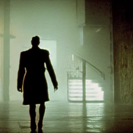 Image similar to the backrooms are empty, there is a lone replicant standing off in the distance, still from the movie bladerunner