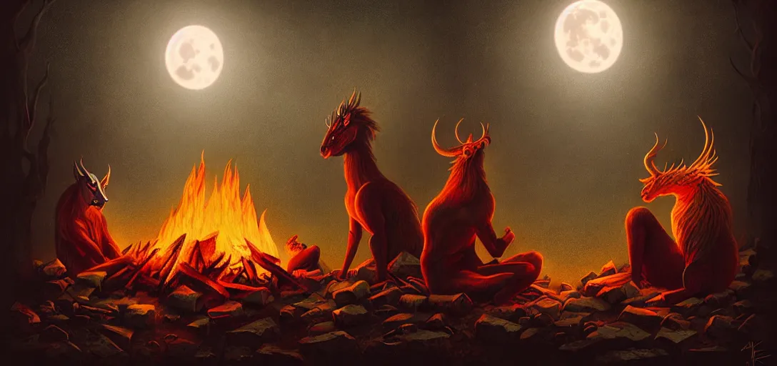 Prompt: strange mythical beasts of sitting around a fire under a full moon, surreal dark uncanny painting by ronny khalil