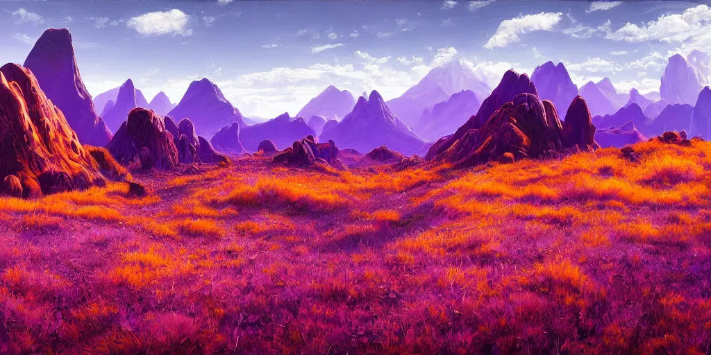 Prompt: an alien landscape, looming surreal mountains in background, purple foliage, orange grass, 8-point perspective, cinematic lighting, detailed oil painting, 8k