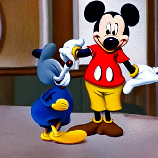 Image similar to mickey mouse smoking a cigar with donald duck after a long day