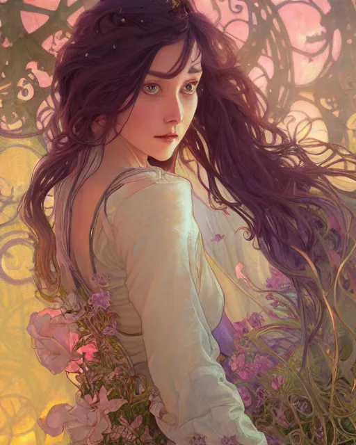 Image similar to secret romance, highly detailed, gold filigree, romantic storybook fantasy, soft cinematic lighting, award, disney concept art watercolor illustration by mandy jurgens and alphonse mucha and alena aenami, pastel color palette, featured on artstation