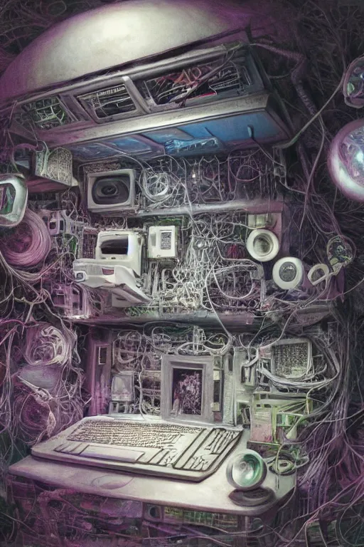 Image similar to the inside of a computer by mahmoud farshchian, mia brownell, very detailed, maximalism, ambient occlusion, volumetric light, atmospheric haze, hyper realism, realistic shading, cinematic composition, realistic render, photorealistic, wide shot