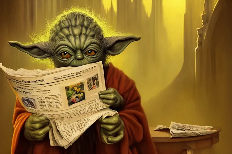 Image similar to a beautiful ultradetailed fine art photo of yoda reading a newspaper in a monastery, by tom bagshaw and zach sutton, backlight, 5 0 mm lens, closeup shot, bokeh, golden ratio composition, sunset golden hour hues, very detailed, artstation, 8 k, highly coherent