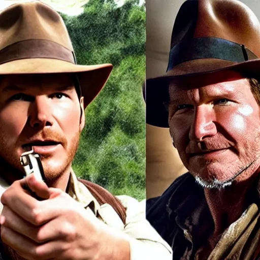 Image similar to chris pratt as indiana jones, selfie with older harrison ford, high detailed, symmetrical