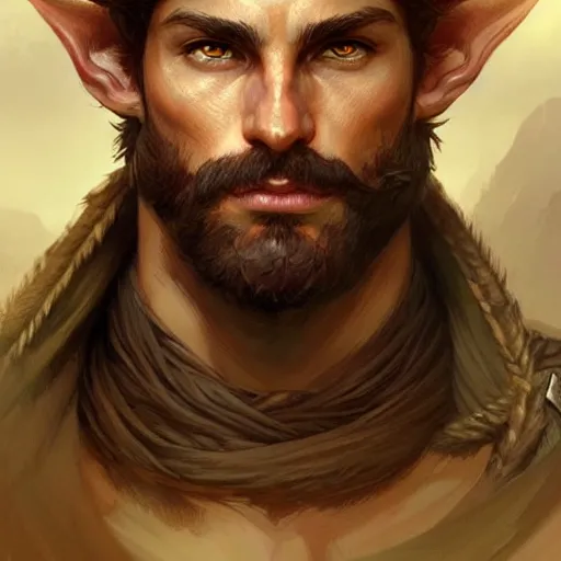 Prompt: Portrait of rugged male ranger, elf, D&D, amber eyes, muscular, fantasy, intricate, elegant, highly detailed, digital painting, artstation, concept art, smooth, sharp focus, illustration, art by artgerm and greg rutkowski and alphonse mucha