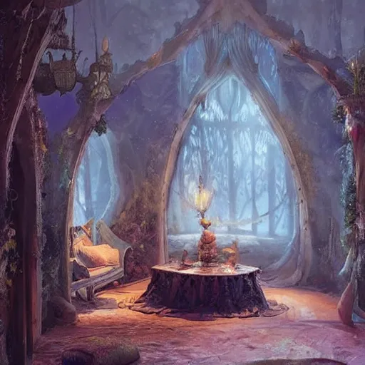 Image similar to a beautiful interior of a fairy castle's hall, wide angle, fully decorated, furnished with fairy furniture, fairy aesthetics, fairy lights, fairycore. concept art by greg rutkowski, elena dudina. high details, soft colour palette, dreamy