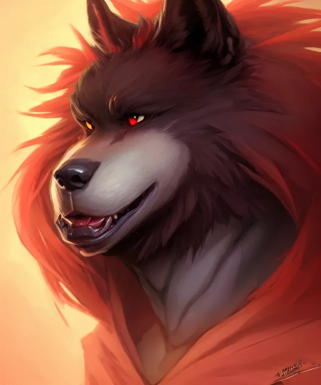 Image similar to character concept art of a black anthropomorphic male furry wolf long red hair | | cute - fine - face, pretty face, key visual, realistic shaded perfect face, fine details by stanley artgerm lau, wlop, rossdraws, james jean, andrei riabovitchev, marc simonetti, and sakimichan, trending on artstation